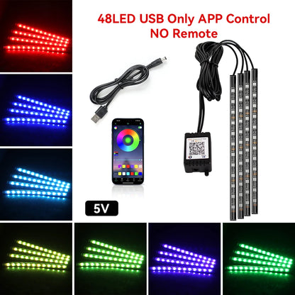 Car Interior Ambient Light Kit RGB LED Foot Strip Light Music Sync with App Remote Music Control Cig/USB Auto Decorative Lamps
