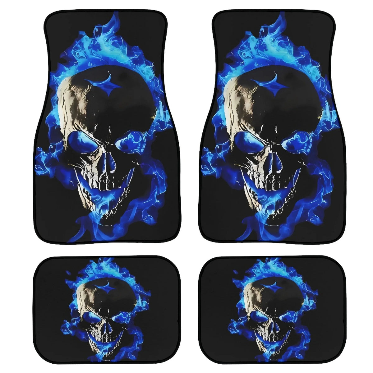 4pcs Skull with Blue Flames Car Floor Mats - Universal Fit, Washable Polyester Material, Ideal Automotive Gift
