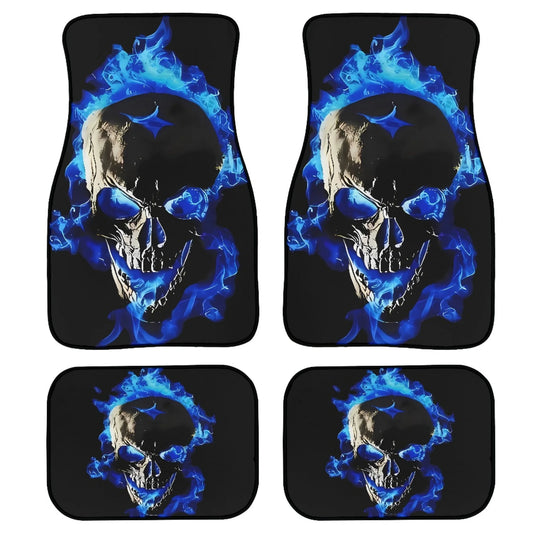 4pcs Skull with Blue Flames Car Floor Mats - Universal Fit, Washable Polyester Material, Ideal Automotive Gift