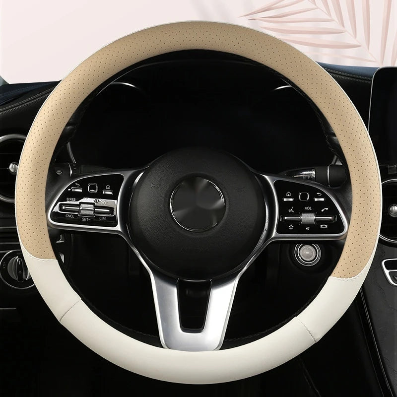 Steering Wheel Cover Breathable Non Slip Nappa Leather All Season Universal For Car Interior Wear Resistant Protective Cover