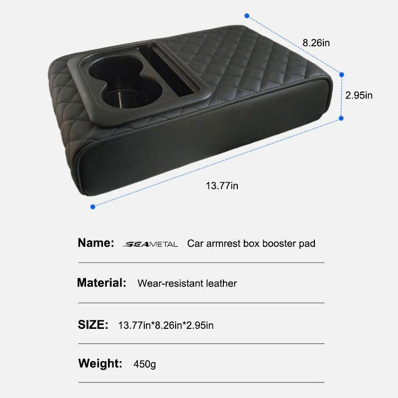 SEAMETAL Universal Car Center Console Armrest Pad PU Leather Armrest Heightening Cushion with 2 Cup Holders Storage Organizer