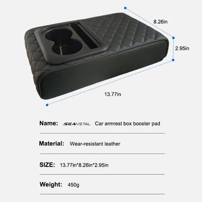 SEAMETAL Universal Car Center Console Armrest Pad PU Leather Armrest Heightening Cushion with 2 Cup Holders Storage Organizer