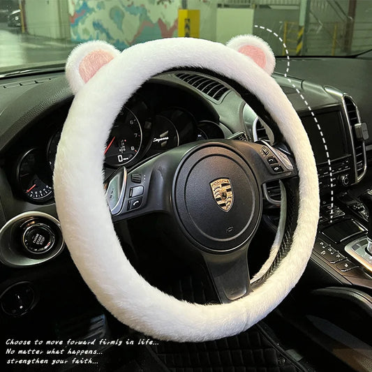 Plush Car Steering Wheel Cover Cartoon Cute Bear Ears Steering Wheel Cover Winter Warm and Comfortable Steering Wheel Cover