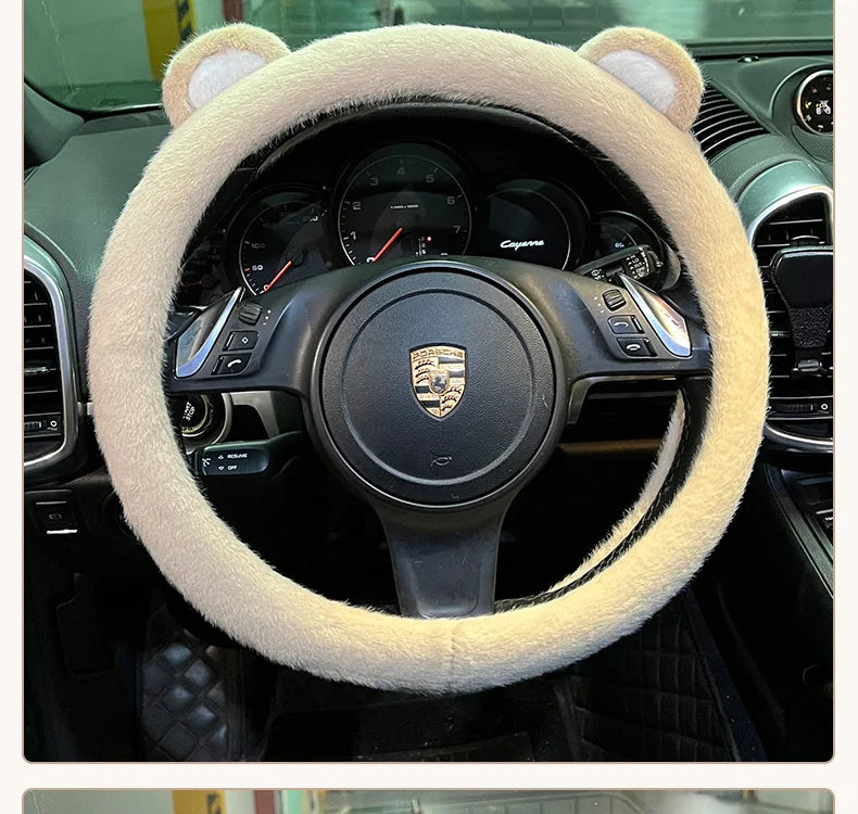 Plush Car Steering Wheel Cover Cartoon Cute Bear Ears Steering Wheel Cover Winter Warm and Comfortable Steering Wheel Cover