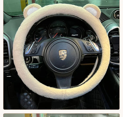Plush Car Steering Wheel Cover Cartoon Cute Bear Ears Steering Wheel Cover Winter Warm and Comfortable Steering Wheel Cover