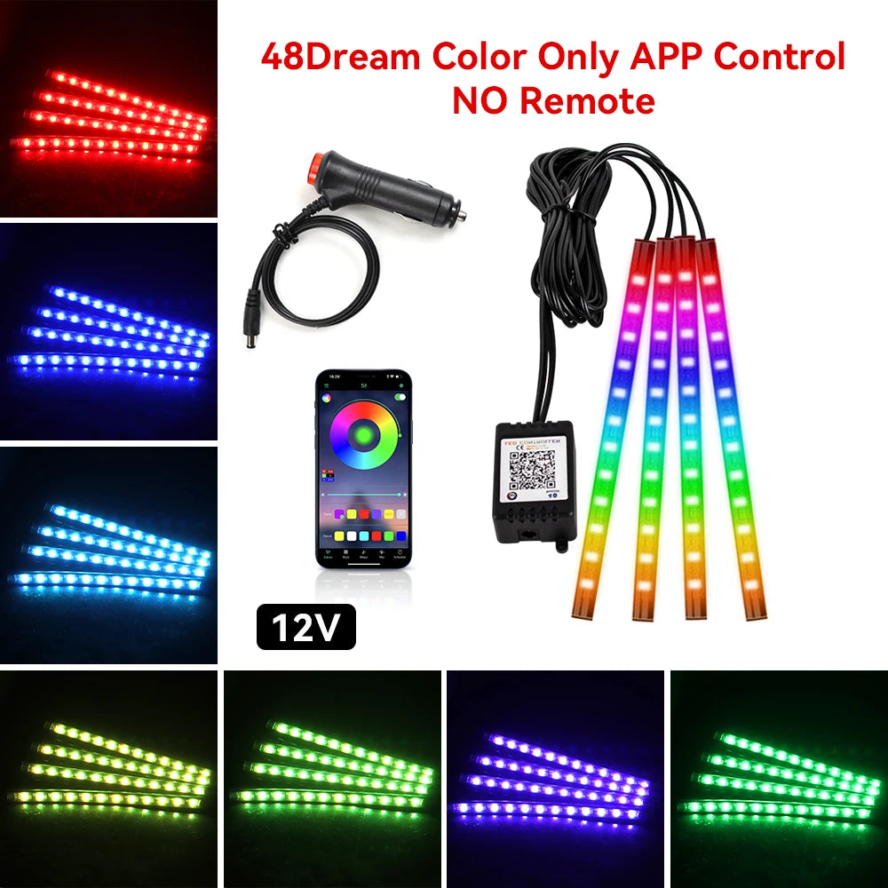 Car Interior Ambient Light Kit RGB LED Foot Strip Light Music Sync with App Remote Music Control Cig/USB Auto Decorative Lamps