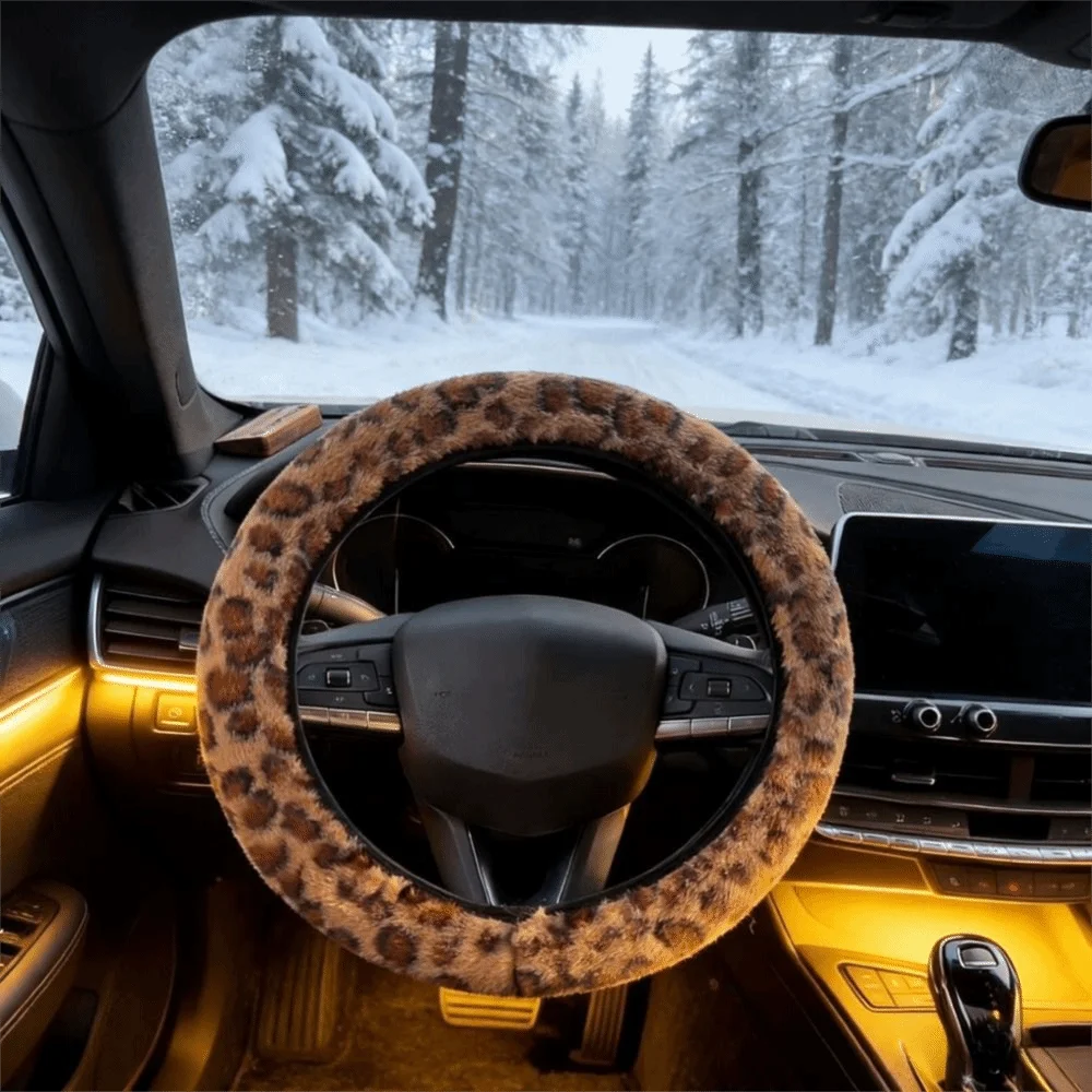 Leopard Steering Wheel Cover Winter Plush Soft Comfortable Fur Steering Wheel Cover 38cm Universal Car Steering Wheel Cover