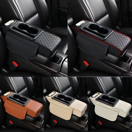Car Center Console Height Increasing Armrest Cushion Multifunctional PU Leather Armrest Pad with Cup Holder Tissue Box Universal