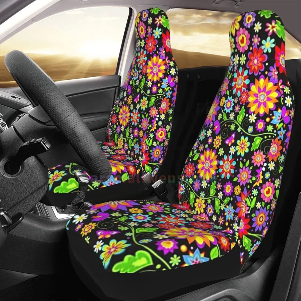 Hippie Flowers Car Seat Cover 2PCS Front Car Seat Cover Seat Anti Fouling Protective Cover Cute Car Accessories