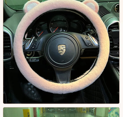 Plush Car Steering Wheel Cover Cartoon Cute Bear Ears Steering Wheel Cover Winter Warm and Comfortable Steering Wheel Cover