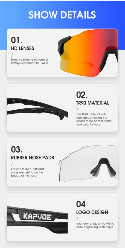 Kapvoe 2026 Photochromic Cycling Sunglasses Rimless Men Running Outdoor Sports Bike Glasses MTB Glasses Eyewear Bicycle Goggles