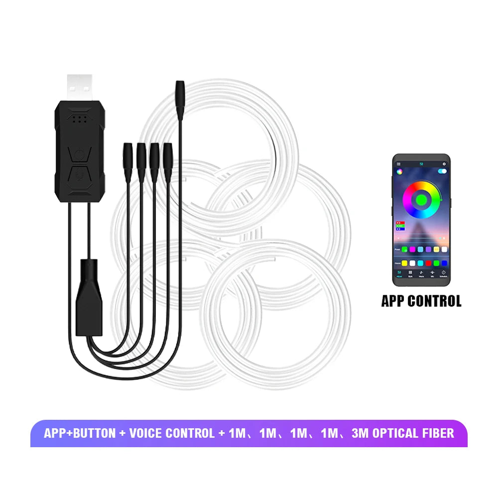 LED Ambient Light Car Interior Strip Light RGB Auto Environment Light APP Control Car Center Console Decoration Accessories
