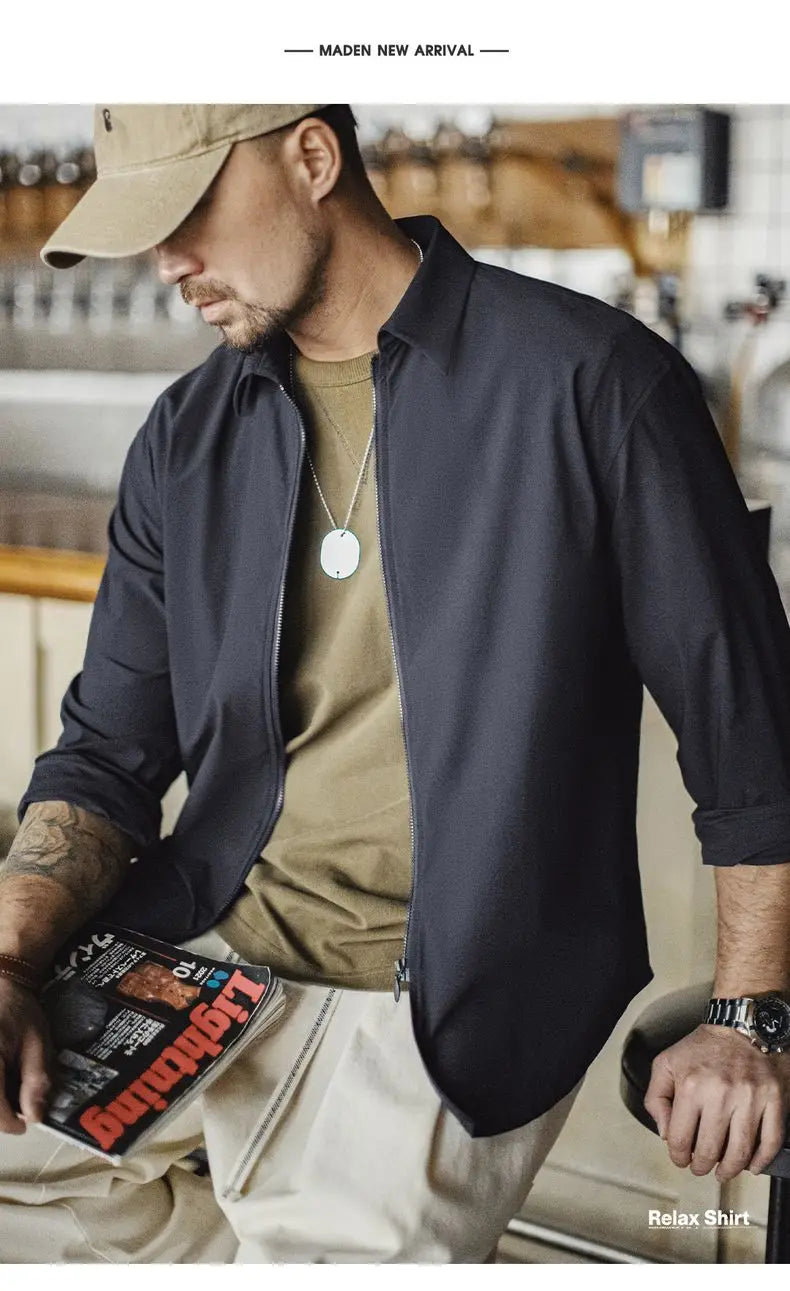 Maden Casual Draped Shirt Men's Spring and Summer Breathable Cleanfit Cool Comfort Long Sleeve Zip-Up Blouse Lightweight Top