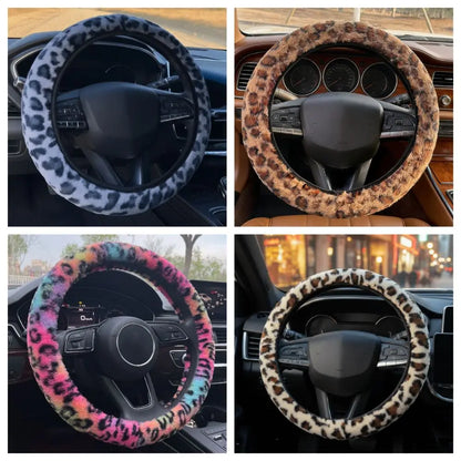 Leopard Steering Wheel Cover Winter Plush Soft Comfortable Fur Steering Wheel Cover 38cm Universal Car Steering Wheel Cover