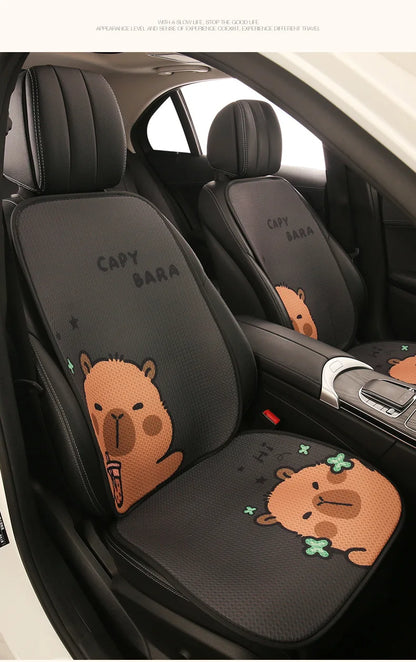Universal Car Seat Covers Cute Capybara Design Comfortable Breathable Mesh Fabric Four Leaf Clover Pattern for All Seasons
