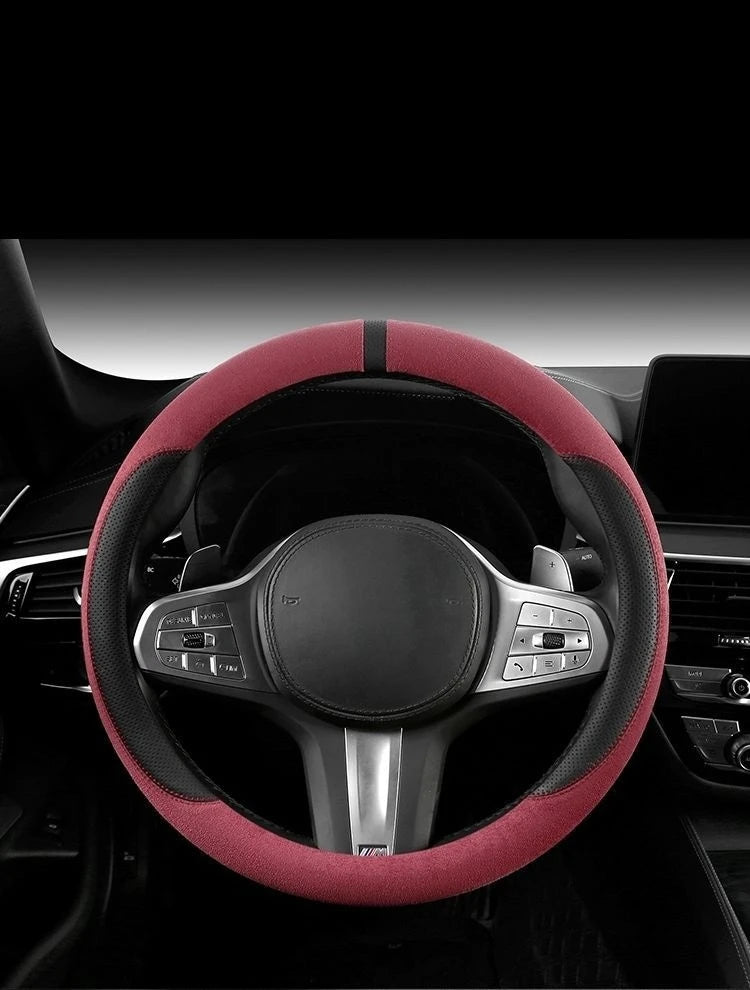 Steering Wheel Cover Suede D Shape Wine Red Four Seasons Breathable Non Slip Sweat Absorbent Comfortable Car Steering Protector