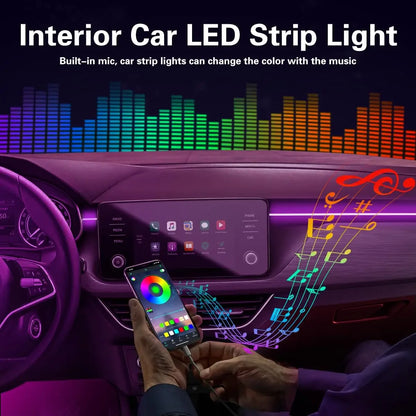 RGB LED Car Ambient Light Kit 6 in 1 Fiber Optic Interior Strip with APP Remote Control Music Sync Neon Mood Dashboard FootLight