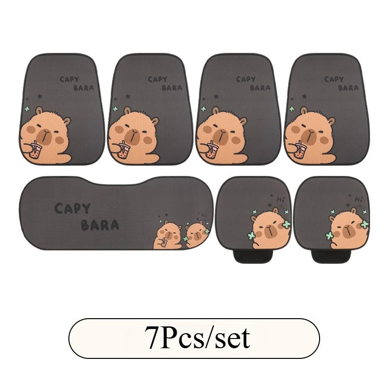 Universal Car Seat Covers Cute Capybara Design Comfortable Breathable Mesh Fabric Four Leaf Clover Pattern for All Seasons