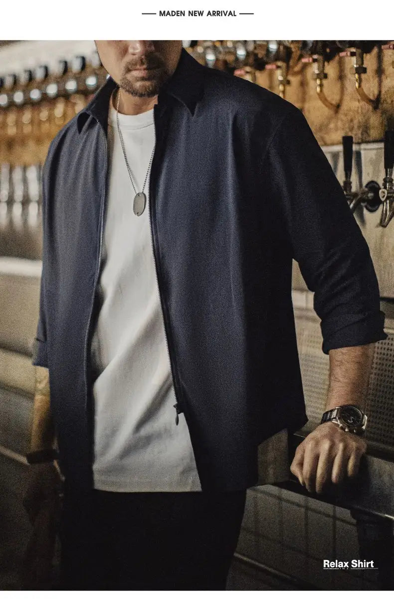 Maden Casual Draped Shirt Men's Spring and Summer Breathable Cleanfit Cool Comfort Long Sleeve Zip-Up Blouse Lightweight Top