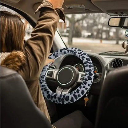Leopard Steering Wheel Cover Winter Plush Soft Comfortable Fur Steering Wheel Cover 38cm Universal Car Steering Wheel Cover