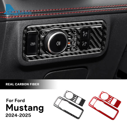 Real Soft Carbon Fiber Sticker For Ford Mustang GT Dark Horse EcoBoost 2024 2025 2026 LHD RHD Car Headlight Switch Interior Trim