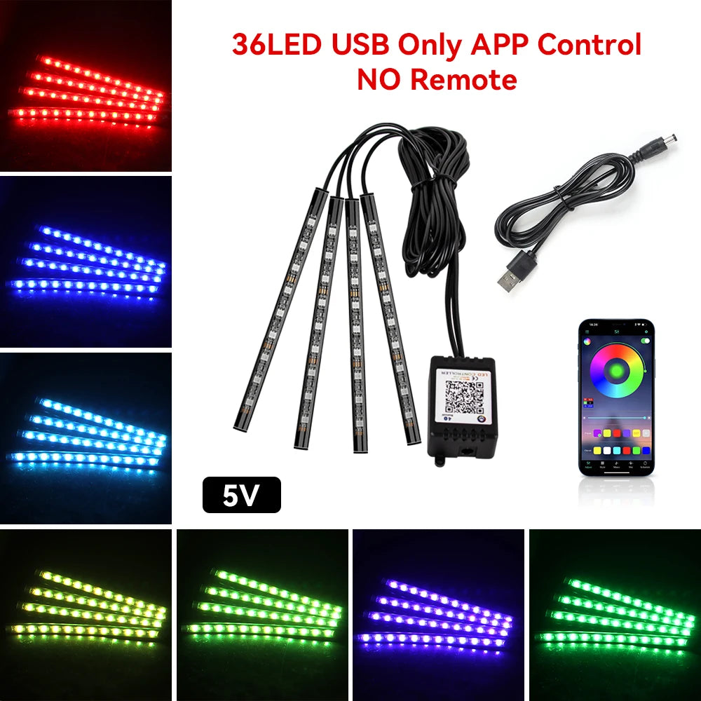 Kit de Fitas de LED RGB para Iluminação Ambiente dos Pés do Carro – Alimentação via USB (Acendedor de Cigarros), Controle e Decoração para o Interior do Veículo