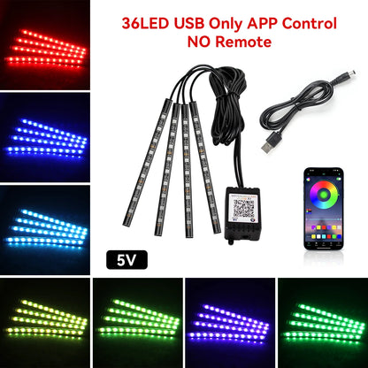 Kit de Fitas de LED RGB para Iluminação Ambiente dos Pés do Carro – Alimentação via USB (Acendedor de Cigarros), Controle e Decoração para o Interior do Veículo