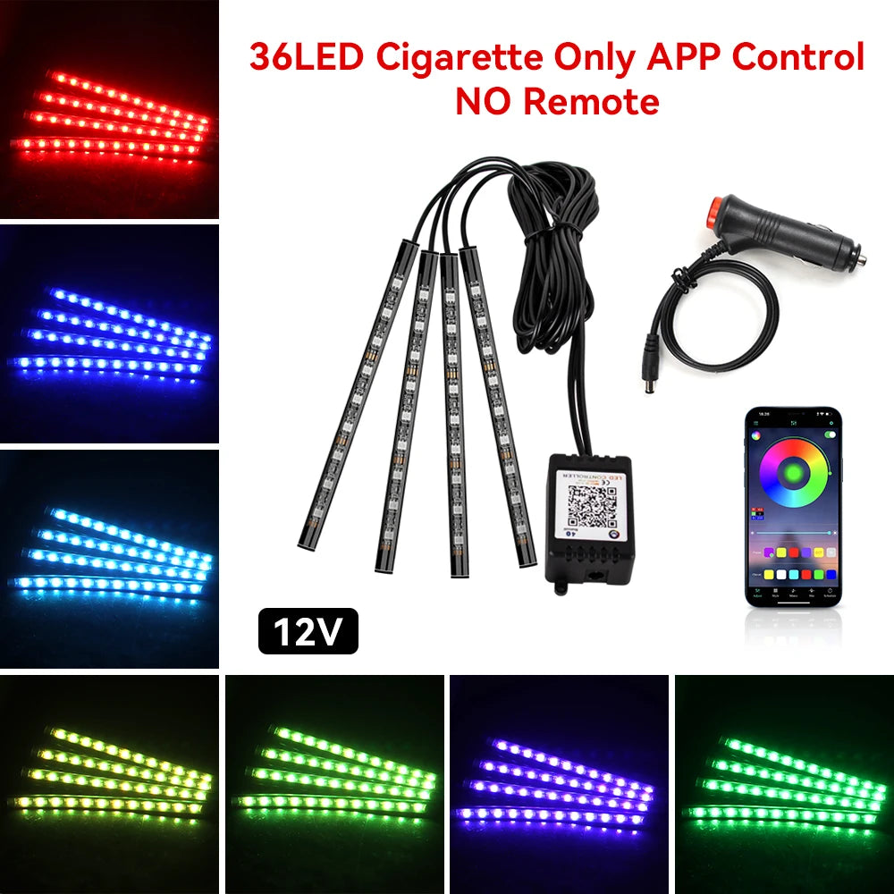Kit de Fitas de LED RGB para Iluminação Ambiente dos Pés do Carro – Alimentação via USB (Acendedor de Cigarros), Controle e Decoração para o Interior do Veículo