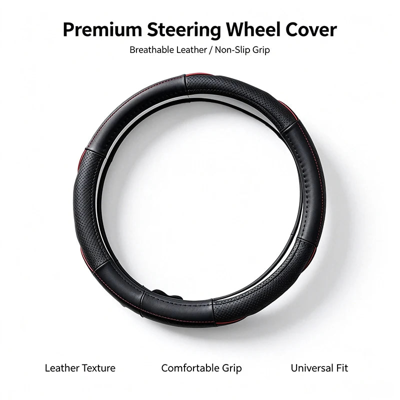 Car Steering Wheel Cover – Black Stitching, 38cm Round Outer Diameter, Anti-Slip & Wear-Resistant, Comfortable Grip