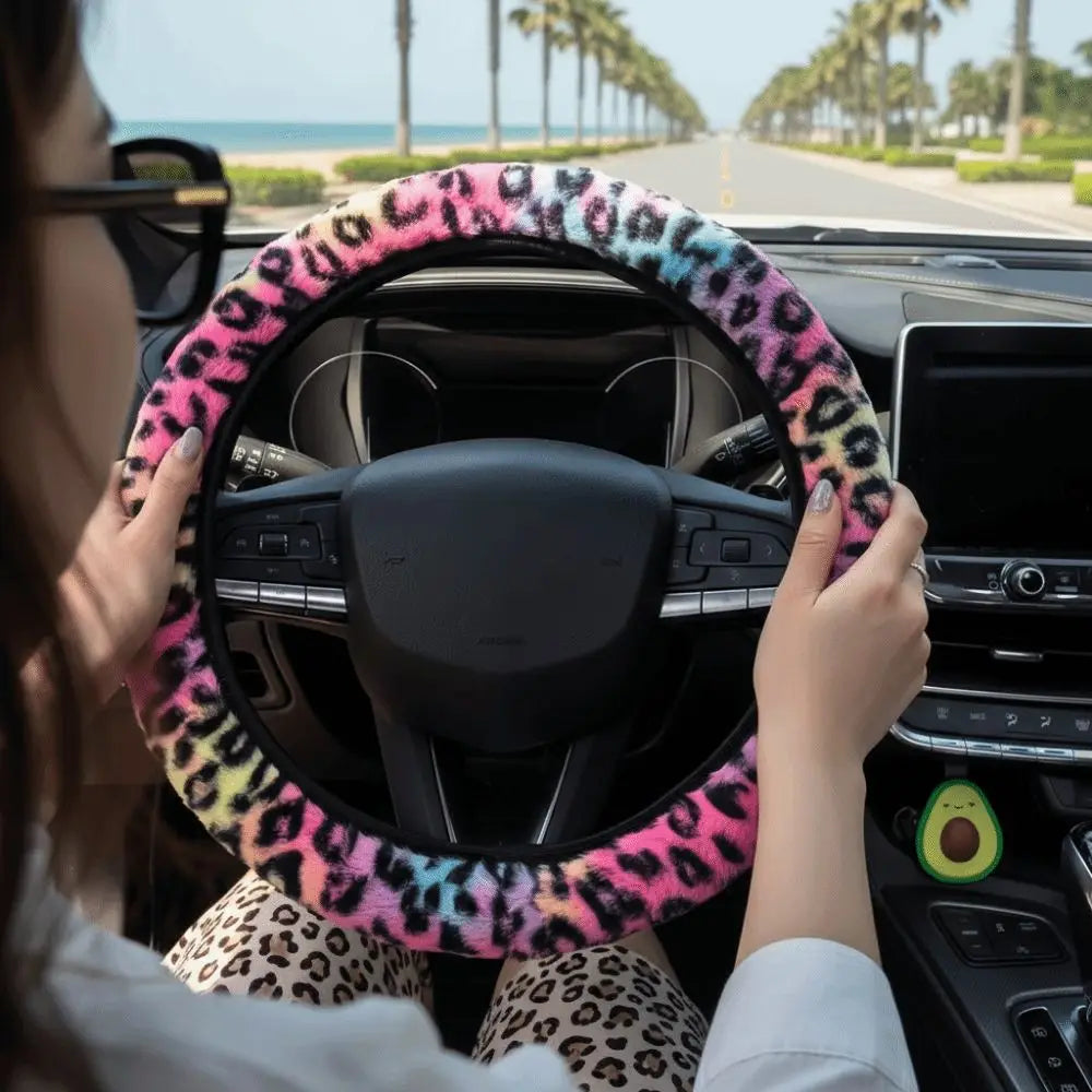 Leopard Steering Wheel Cover Winter Plush Soft Comfortable Fur Steering Wheel Cover 38cm Universal Car Steering Wheel Cover