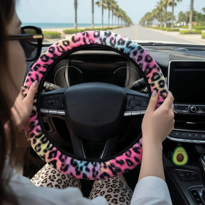 Leopard Steering Wheel Cover Winter Plush Soft Comfortable Fur Steering Wheel Cover 38cm Universal Car Steering Wheel Cover