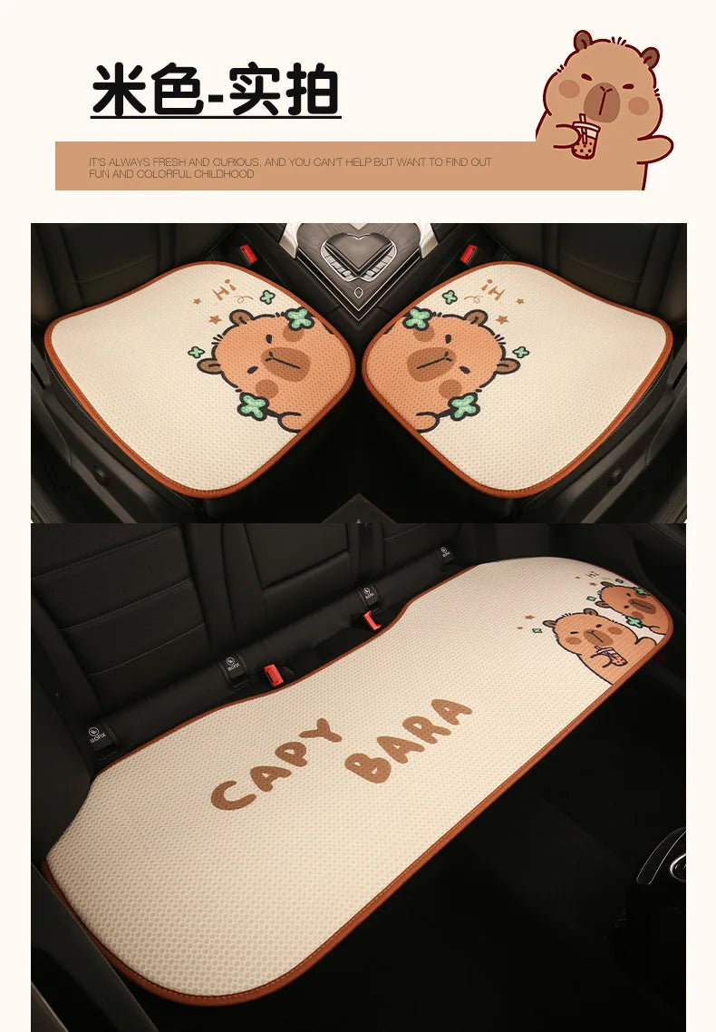 Universal Car Seat Covers Cute Capybara Design Comfortable Breathable Mesh Fabric Four Leaf Clover Pattern for All Seasons