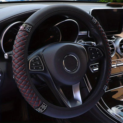 Car Pu Leather Steering Wheel Cover, 14.57-14.96inch Artificial Diamond, New Steering Wheel Cover