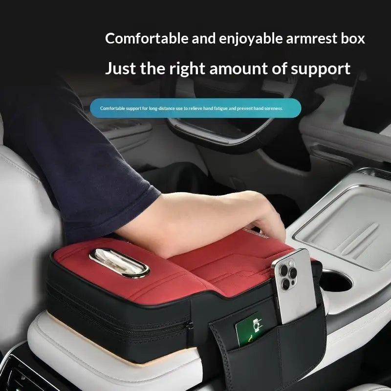 ✔Car Armrest Cushion with Tissue Box & Storage Pocket - Memory Foam Arm Rest Pad for Universal Vehicle Center Console