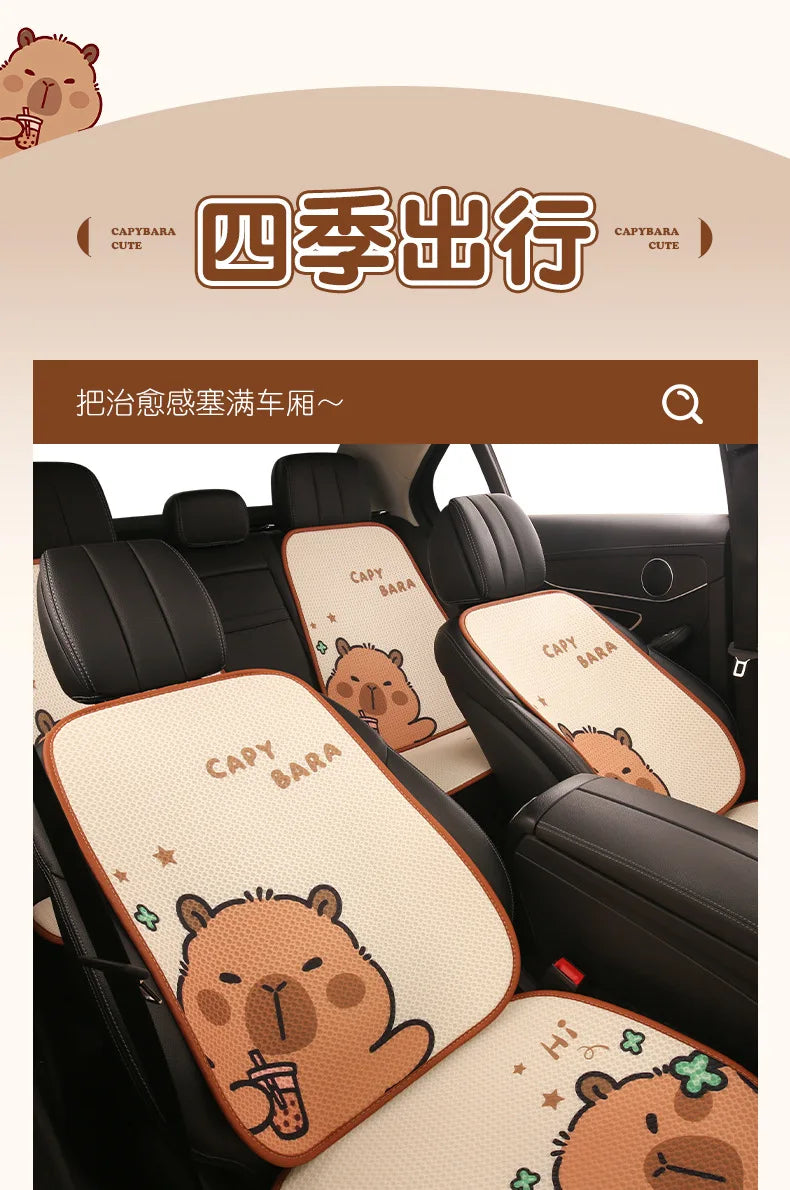 Universal Car Seat Covers Cute Capybara Design Comfortable Breathable Mesh Fabric Four Leaf Clover Pattern for All Seasons