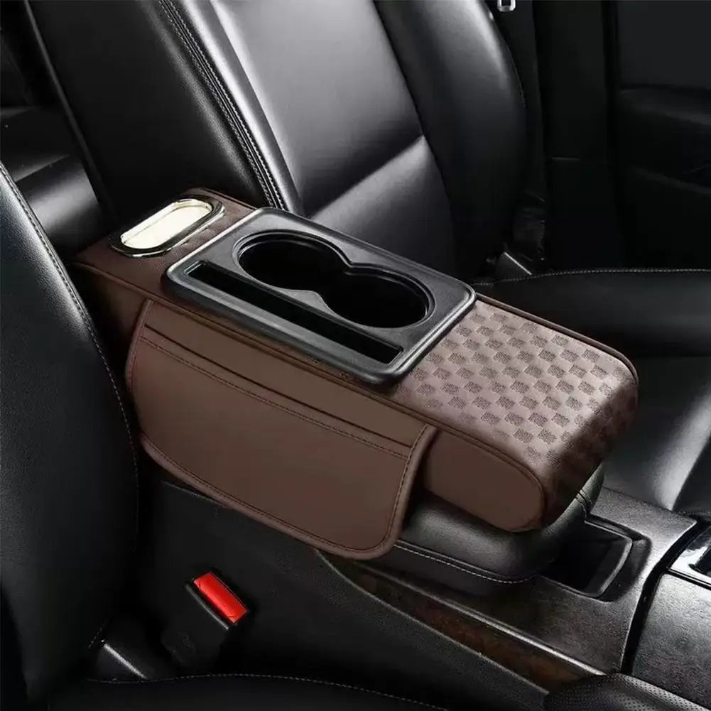 Car Center Console Height Increasing Armrest Cushion Multifunctional PU Leather Armrest Pad with Cup Holder Tissue Box Universal