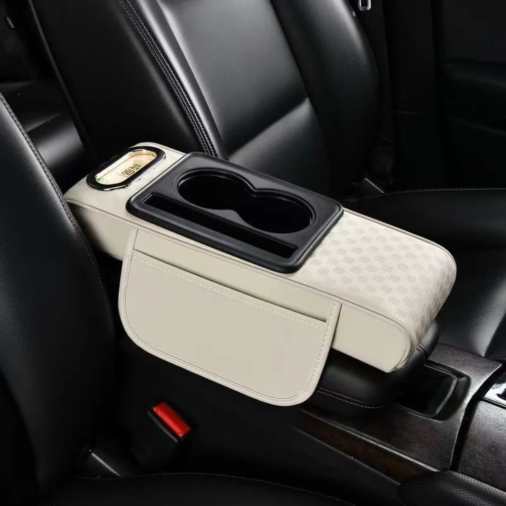 Car Center Console Height Increasing Armrest Cushion Multifunctional PU Leather Armrest Pad with Cup Holder Tissue Box Universal