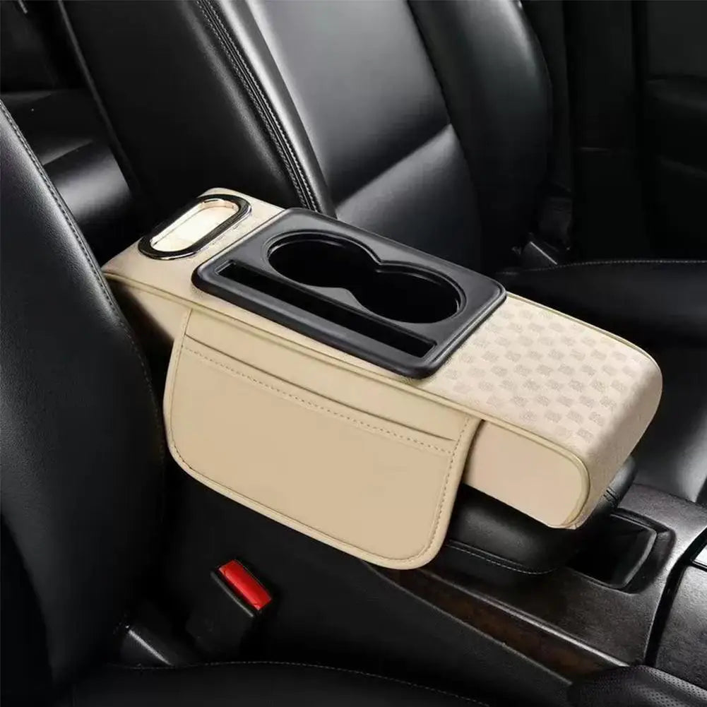 Car Center Console Height Increasing Armrest Cushion Multifunctional PU Leather Armrest Pad with Cup Holder Tissue Box Universal