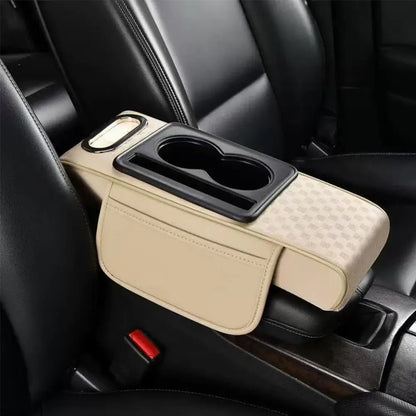 Car Center Console Height Increasing Armrest Cushion Multifunctional PU Leather Armrest Pad with Cup Holder Tissue Box Universal