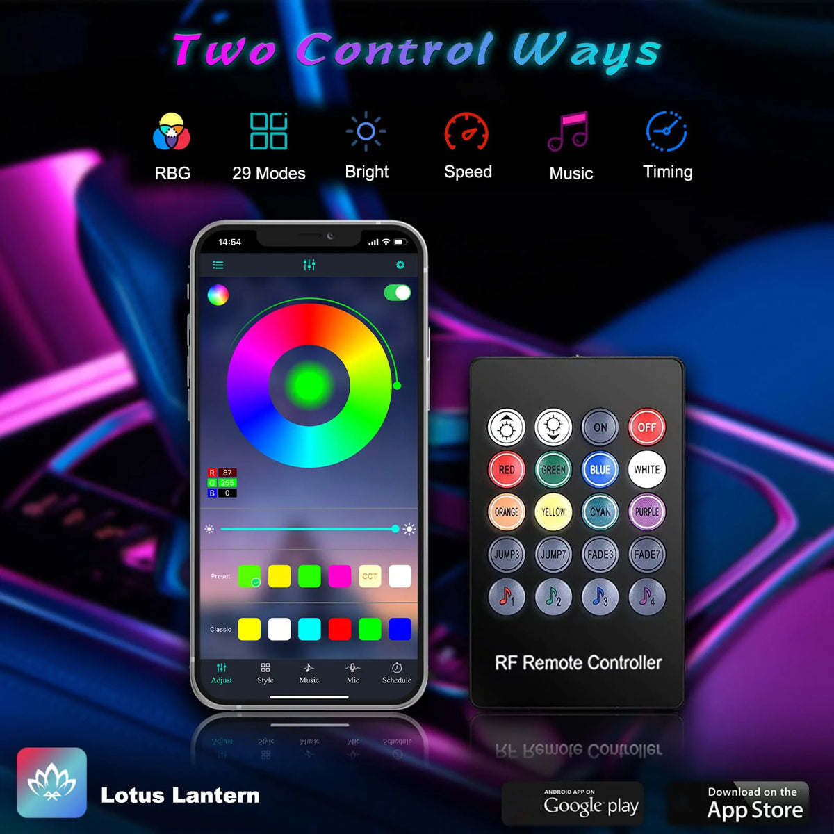 RGB LED Car Ambient Light Kit 6 in 1 Fiber Optic Interior Strip with APP Remote Control Music Sync Neon Mood Dashboard FootLight