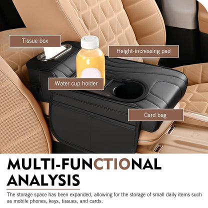 Car Center Console Armrest Cushion with Dual Cup Holders Tissue Box Side Pocket PU Leather Arm Rest Cover for Universal Cars