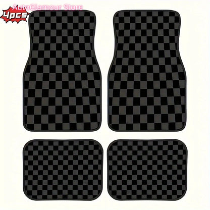 Set of Four Universal Car Floor Mats Featuring a Plaid Design in Black, Gray, And Yellow. They Are Absorbent, Non-Slip, Washable