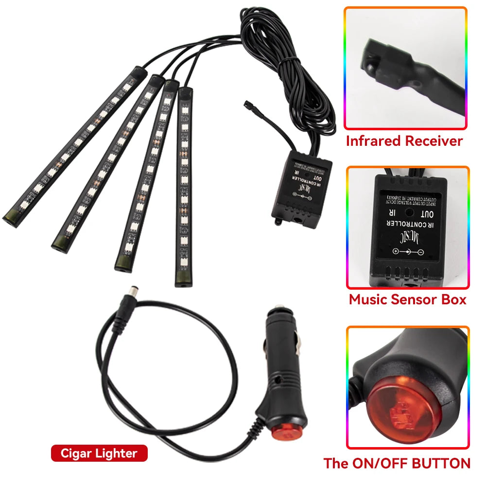 Kit de Fitas de LED RGB para Iluminação Ambiente dos Pés do Carro – Alimentação via USB (Acendedor de Cigarros), Controle e Decoração para o Interior do Veículo