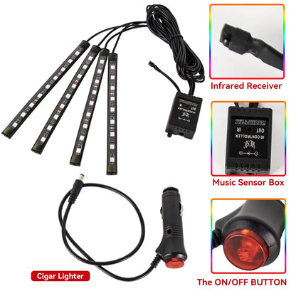 Kit de Fitas de LED RGB para Iluminação Ambiente dos Pés do Carro – Alimentação via USB (Acendedor de Cigarros), Controle e Decoração para o Interior do Veículo