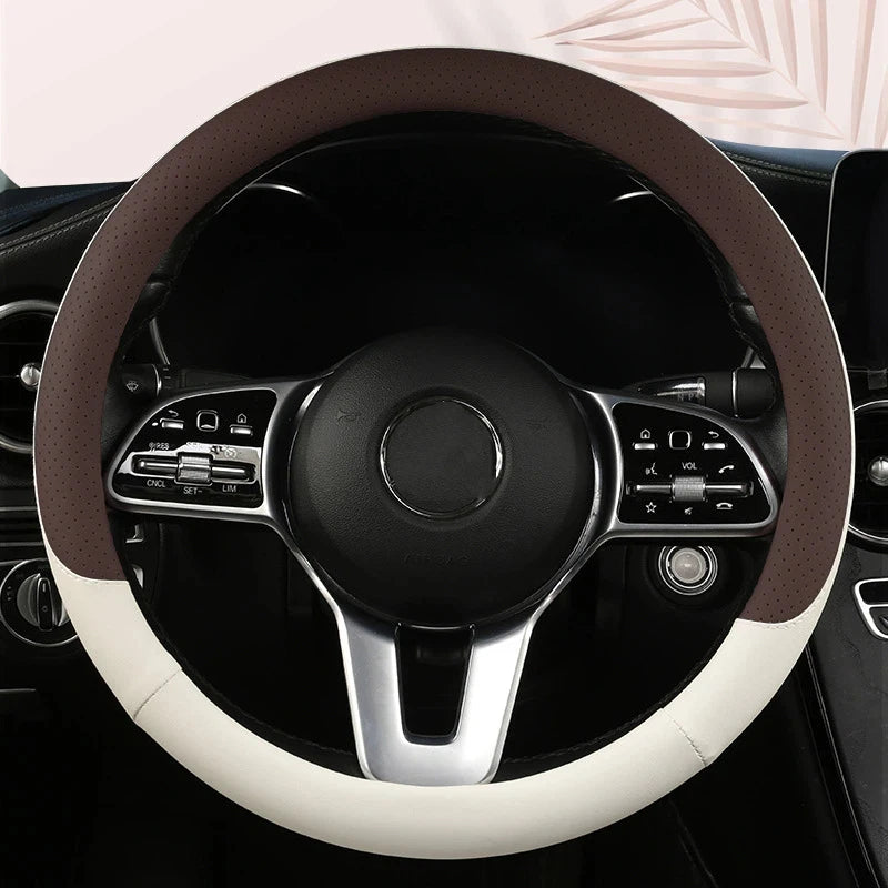 Steering Wheel Cover Breathable Non Slip Nappa Leather All Season Universal For Car Interior Wear Resistant Protective Cover