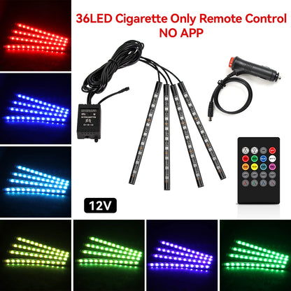 Kit de Fitas de LED RGB para Iluminação Ambiente dos Pés do Carro – Alimentação via USB (Acendedor de Cigarros), Controle e Decoração para o Interior do Veículo