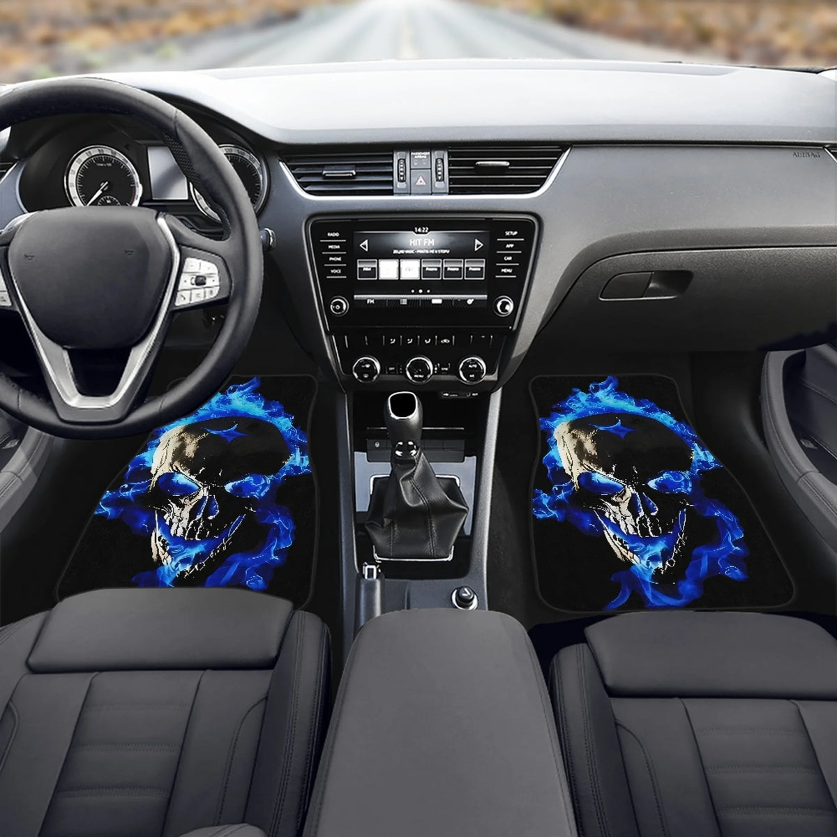 4pcs Skull with Blue Flames Car Floor Mats - Universal Fit, Washable Polyester Material, Ideal Automotive Gift