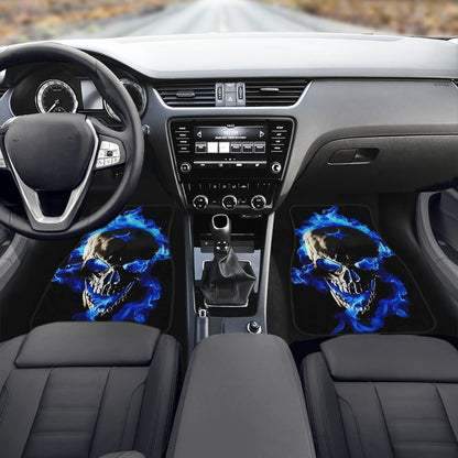 4pcs Skull with Blue Flames Car Floor Mats - Universal Fit, Washable Polyester Material, Ideal Automotive Gift
