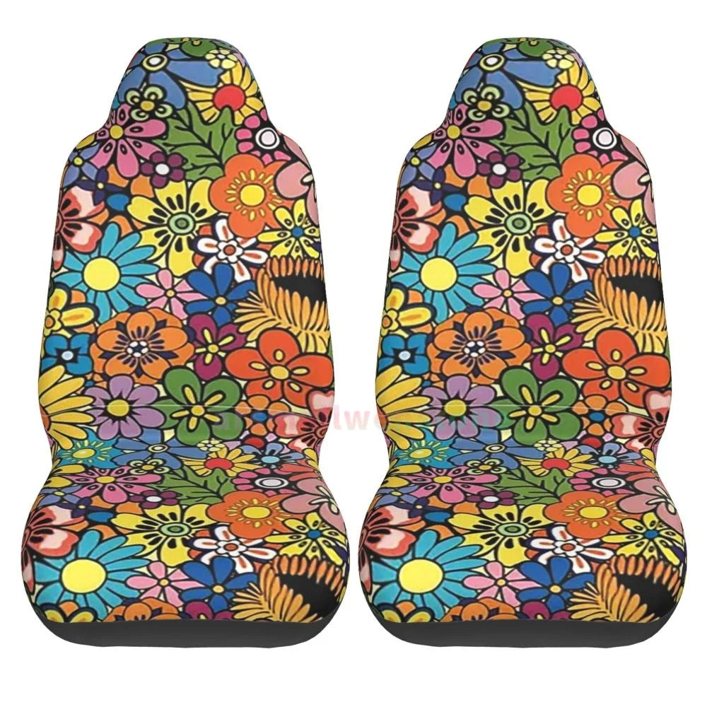 Hippie Flowers Car Seat Cover 2PCS Front Car Seat Cover Seat Anti Fouling Protective Cover Cute Car Accessories