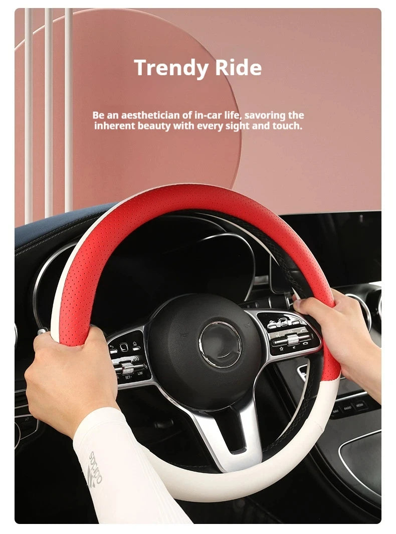 Steering Wheel Cover Breathable Non Slip Nappa Leather All Season Universal For Car Interior Wear Resistant Protective Cover